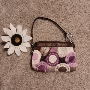 Coach Purple, Brown, And Cream Circle Pattern Wristlet.